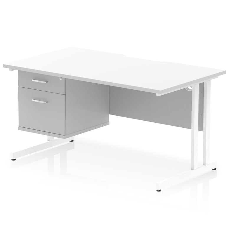 Impulse Scalloped Edge 1400mm Cantilever Desk with Single Fixed Pedestal – Multiple Colours & Leg Finishes, 2/3 Drawers, MFC, Self-Assembly, 10 Year Warranty
