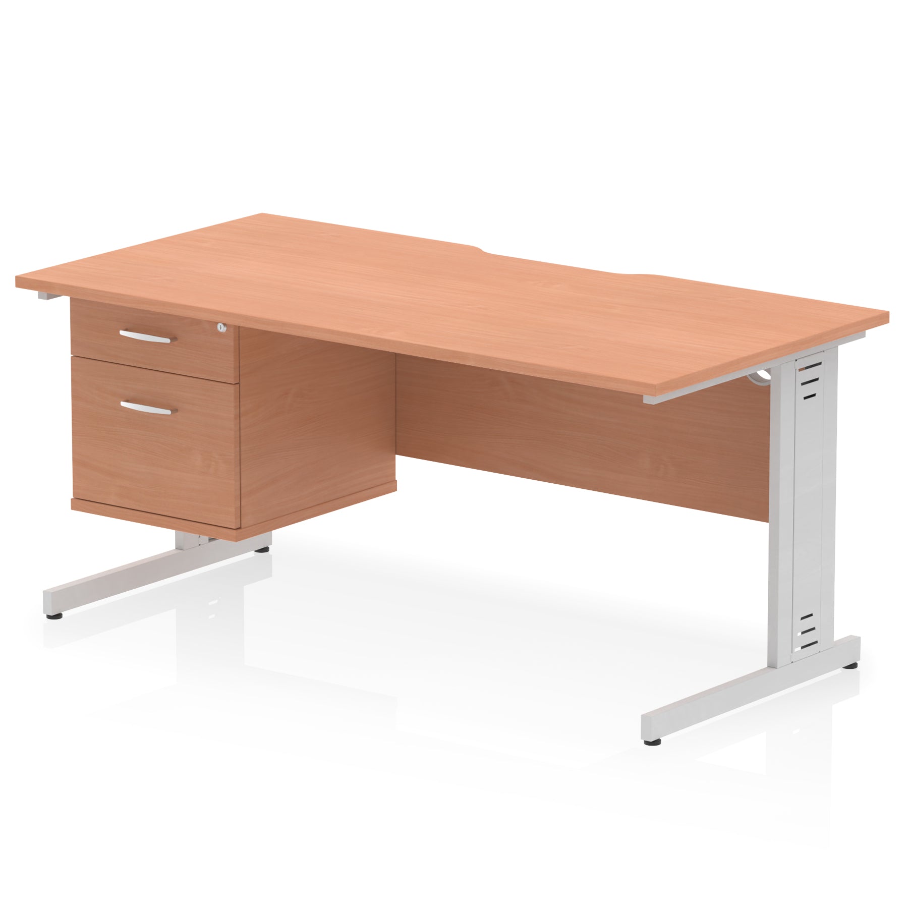 Impulse 1600mm Cable Managed Scalloped Edge Office Desk with Single Fixed Pedestal, 2 or 3 Drawers, Multiple Top & Leg Colours, Durable MFC, 10 Year Warranty