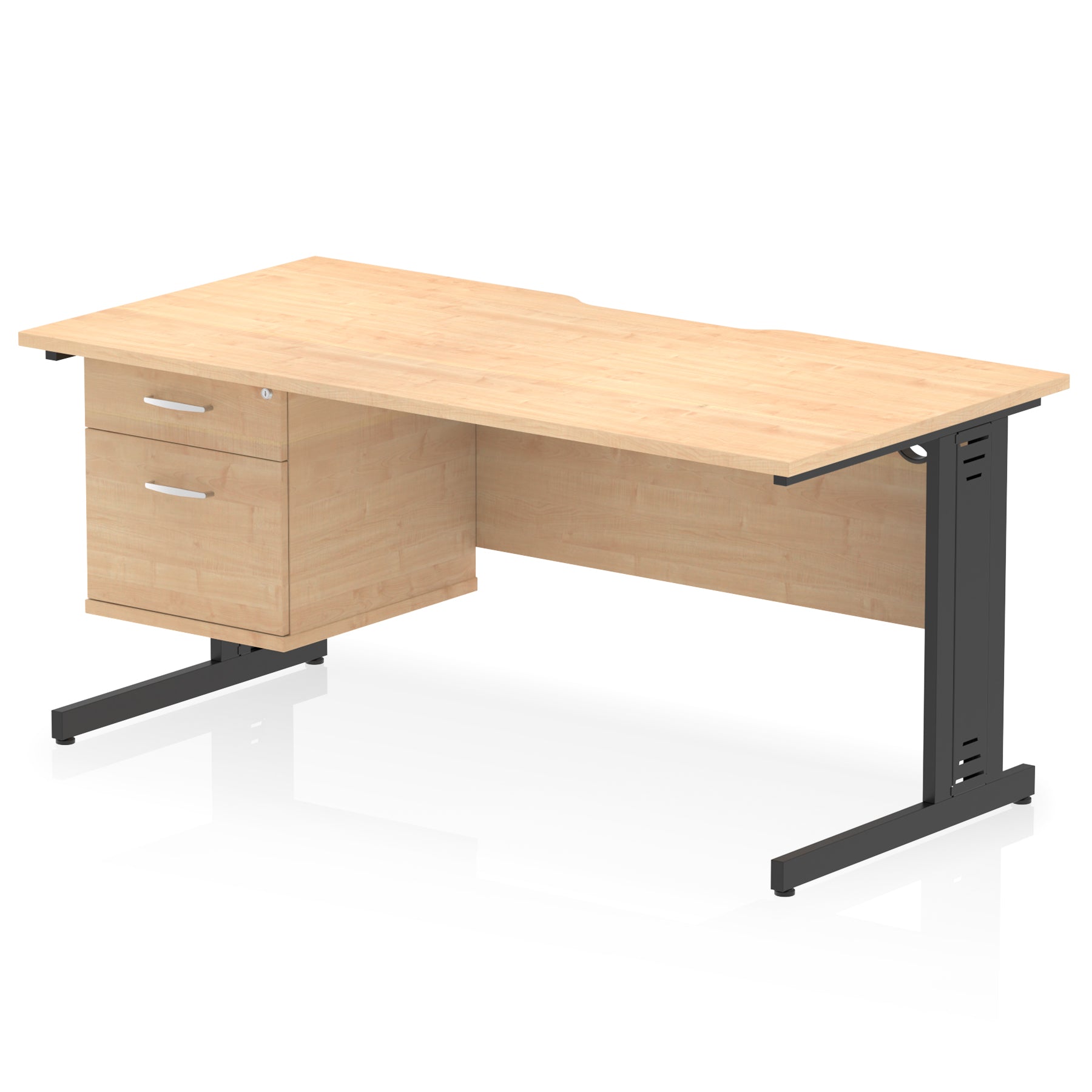 Impulse 1600mm Cable Managed Scalloped Edge Office Desk with Single Fixed Pedestal, 2 or 3 Drawers, Multiple Top & Leg Colours, Durable MFC, 10 Year Warranty