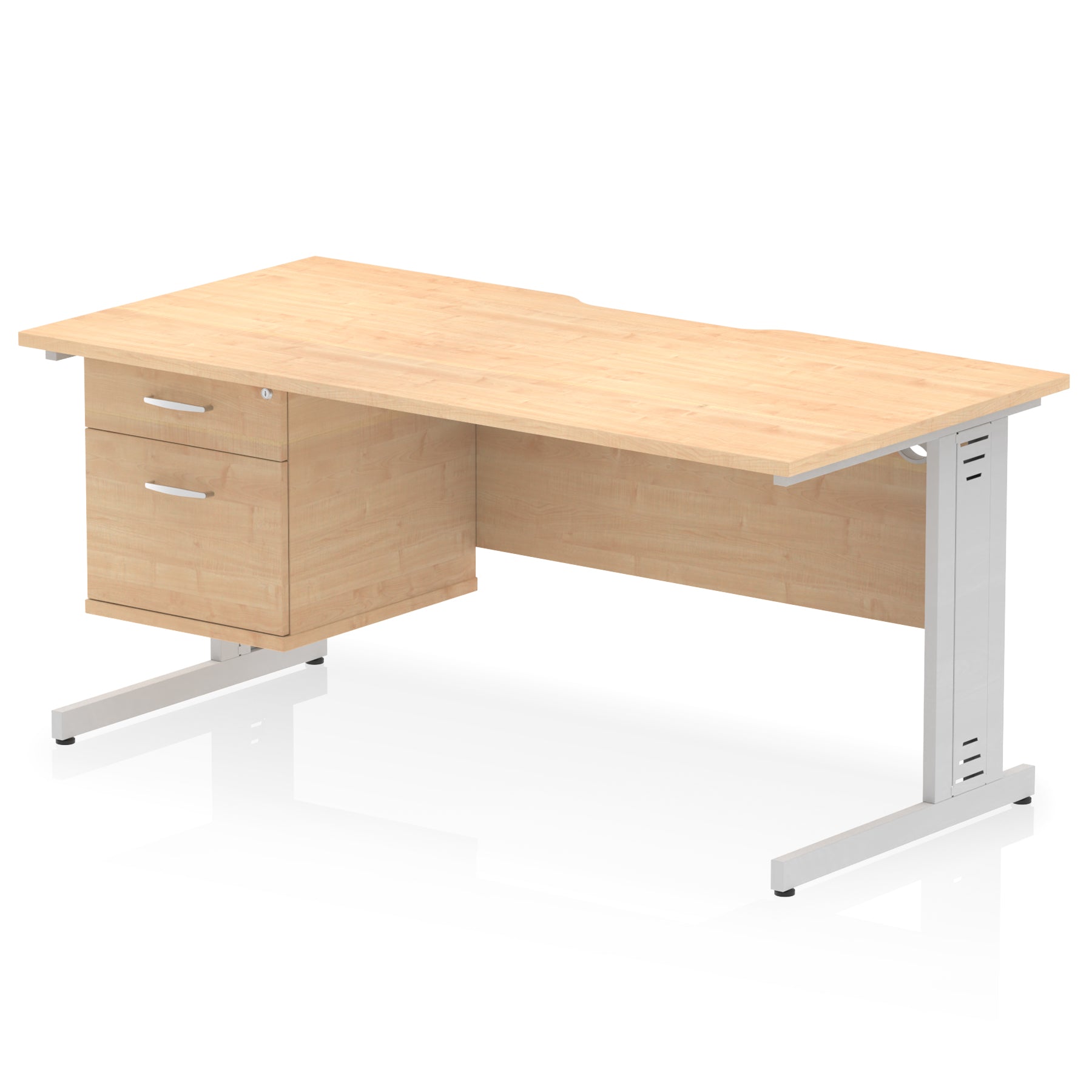 Impulse 1600mm Cable Managed Scalloped Edge Office Desk with Single Fixed Pedestal, 2 or 3 Drawers, Multiple Top & Leg Colours, Durable MFC, 10 Year Warranty