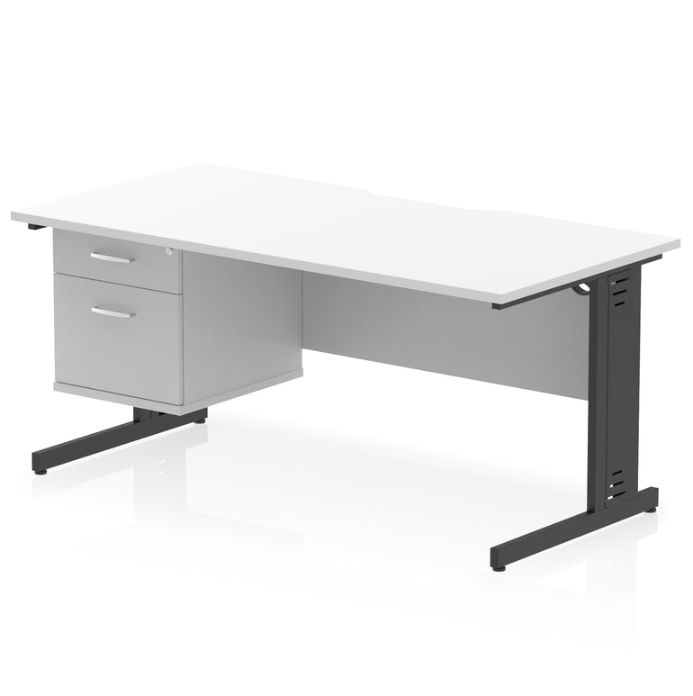 Impulse 1600mm Cable Managed Scalloped Edge Office Desk with Single Fixed Pedestal, 2 or 3 Drawers, Multiple Top & Leg Colours, Durable MFC, 10 Year Warranty