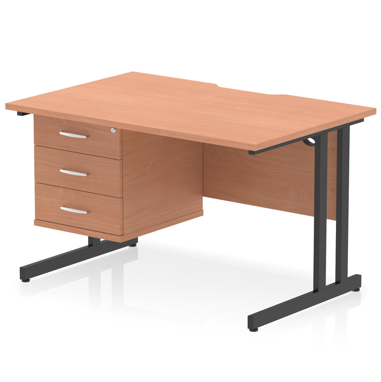 Impulse Scalloped Edge 1200mm Cantilever Desk with 2/3 Drawer Pedestal, Wood & White Finishes, Black/Silver/White Legs, MFC, 10yr Warranty, Self-Assembly