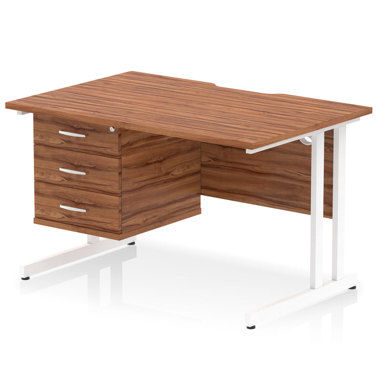 Impulse Scalloped Edge 1200mm Cantilever Desk with 2/3 Drawer Pedestal, Wood & White Finishes, Black/Silver/White Legs, MFC, 10yr Warranty, Self-Assembly