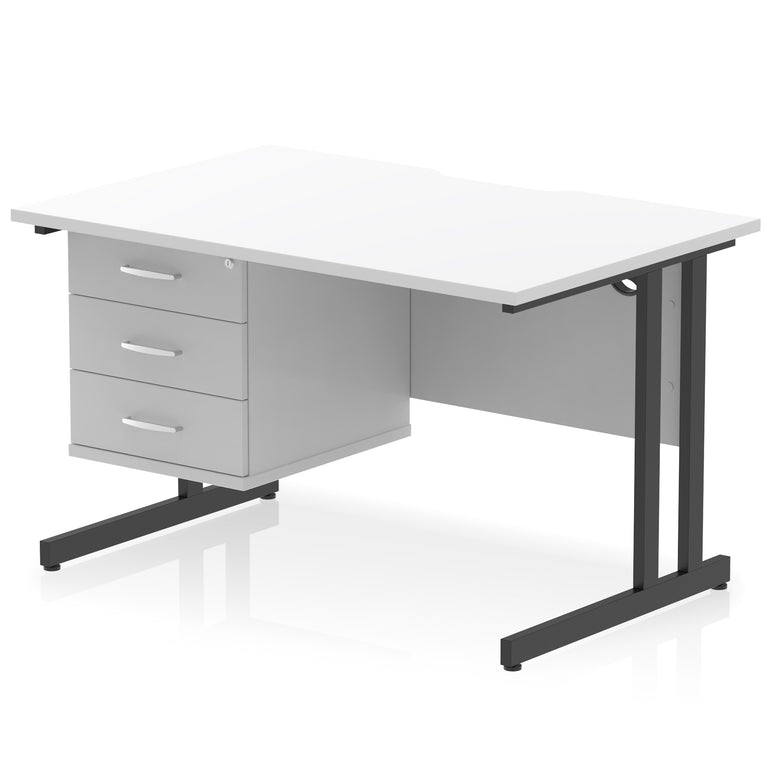 Impulse Scalloped Edge 1200mm Cantilever Desk with 2/3 Drawer Pedestal, Wood & White Finishes, Black/Silver/White Legs, MFC, 10yr Warranty, Self-Assembly