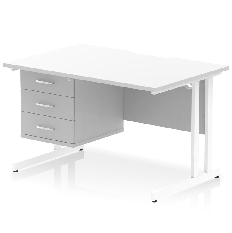 Impulse Scalloped Edge 1200mm Cantilever Desk with 2/3 Drawer Pedestal, Wood & White Finishes, Black/Silver/White Legs, MFC, 10yr Warranty, Self-Assembly