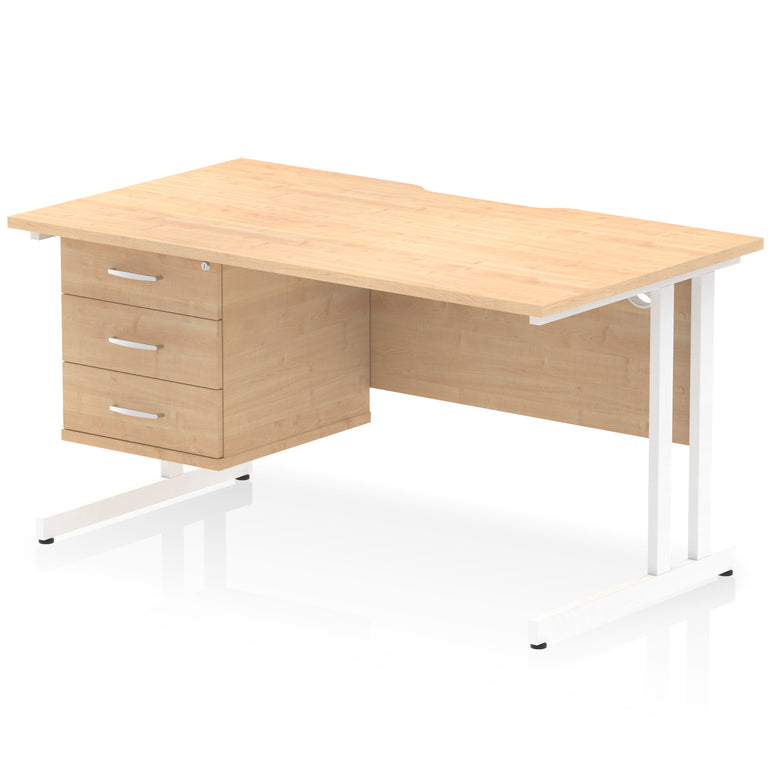 Impulse Scalloped Edge 1400mm Cantilever Desk with Single Fixed Pedestal – Multiple Colours & Leg Finishes, 2/3 Drawers, MFC, Self-Assembly, 10 Year Warranty
