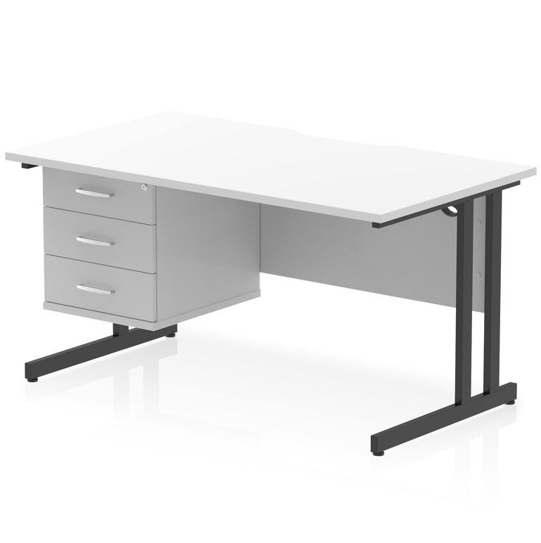 Impulse Scalloped Edge 1400mm Cantilever Desk with Single Fixed Pedestal – Multiple Colours & Leg Finishes, 2/3 Drawers, MFC, Self-Assembly, 10 Year Warranty