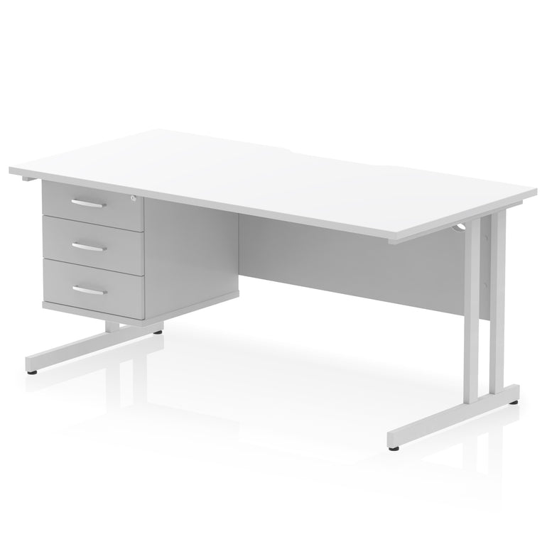 Impulse Scalloped Edge 1600mm Cantilever Office Desk with Fixed 2 or 3 Drawer Pedestal, Multiple Desktop & Leg Colours, MFC, 10 Year Warranty, Self-Assembly