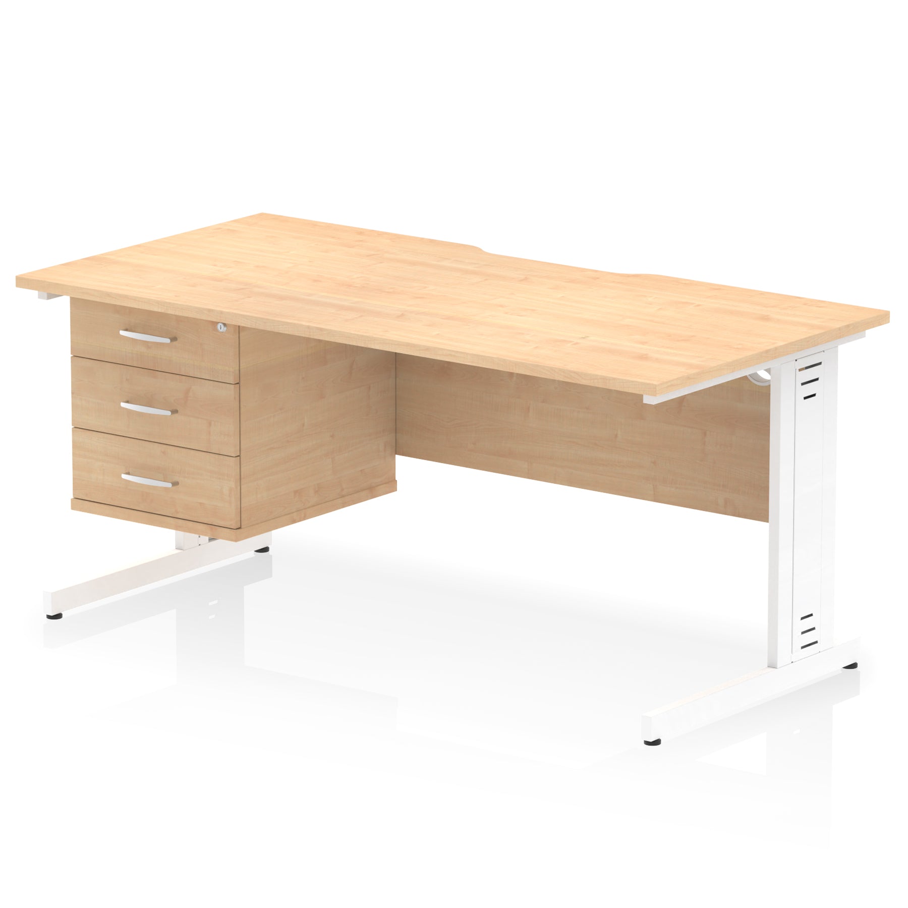 Impulse 1600mm Cable Managed Scalloped Edge Office Desk with Single Fixed Pedestal, 2 or 3 Drawers, Multiple Top & Leg Colours, Durable MFC, 10 Year Warranty