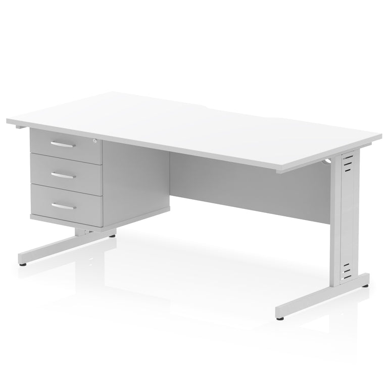 Impulse 1600mm Cable Managed Scalloped Edge Office Desk with Single Fixed Pedestal, 2 or 3 Drawers, Multiple Top & Leg Colours, Durable MFC, 10 Year Warranty