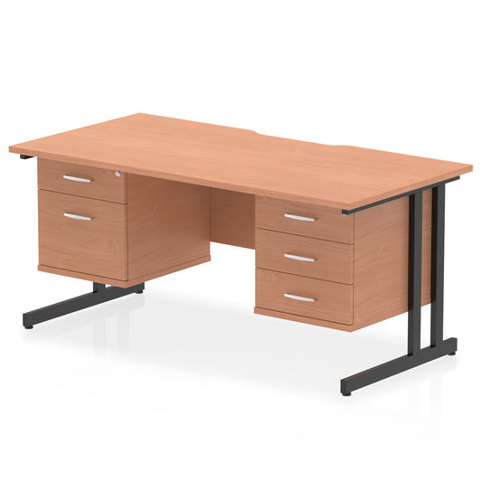 Impulse 1600mm Cantilever Desk with Scalloped Edge & 2 Fixed Pedestals – Choice of Wood or White Finishes, Leg Colours & Drawer Options – MFC, Self Assembly, 10 Year Warranty