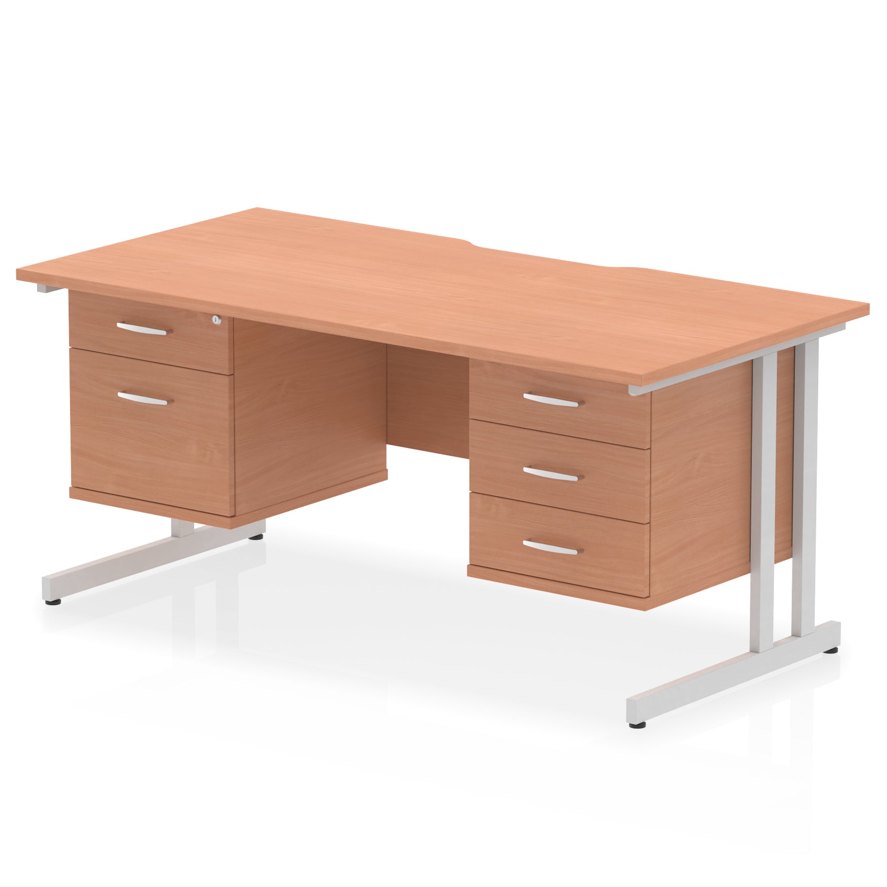 Impulse 1600mm Cantilever Desk with Scalloped Edge & 2 Fixed Pedestals – Choice of Wood or White Finishes, Leg Colours & Drawer Options – MFC, Self Assembly, 10 Year Warranty