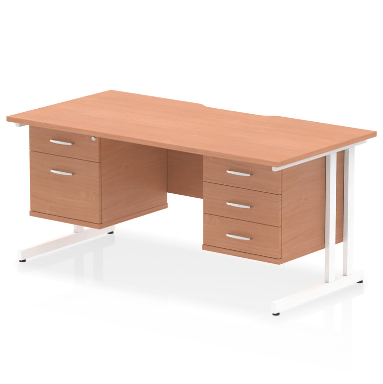 Impulse 1600mm Cantilever Desk with Scalloped Edge & 2 Fixed Pedestals – Choice of Wood or White Finishes, Leg Colours & Drawer Options – MFC, Self Assembly, 10 Year Warranty