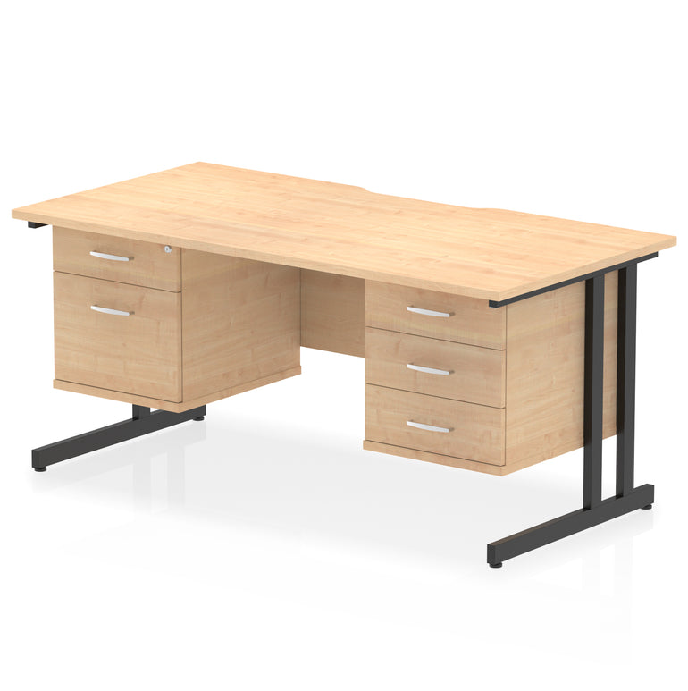Impulse 1600mm Cantilever Desk with Scalloped Edge & 2 Fixed Pedestals – Choice of Wood or White Finishes, Leg Colours & Drawer Options – MFC, Self Assembly, 10 Year Warranty