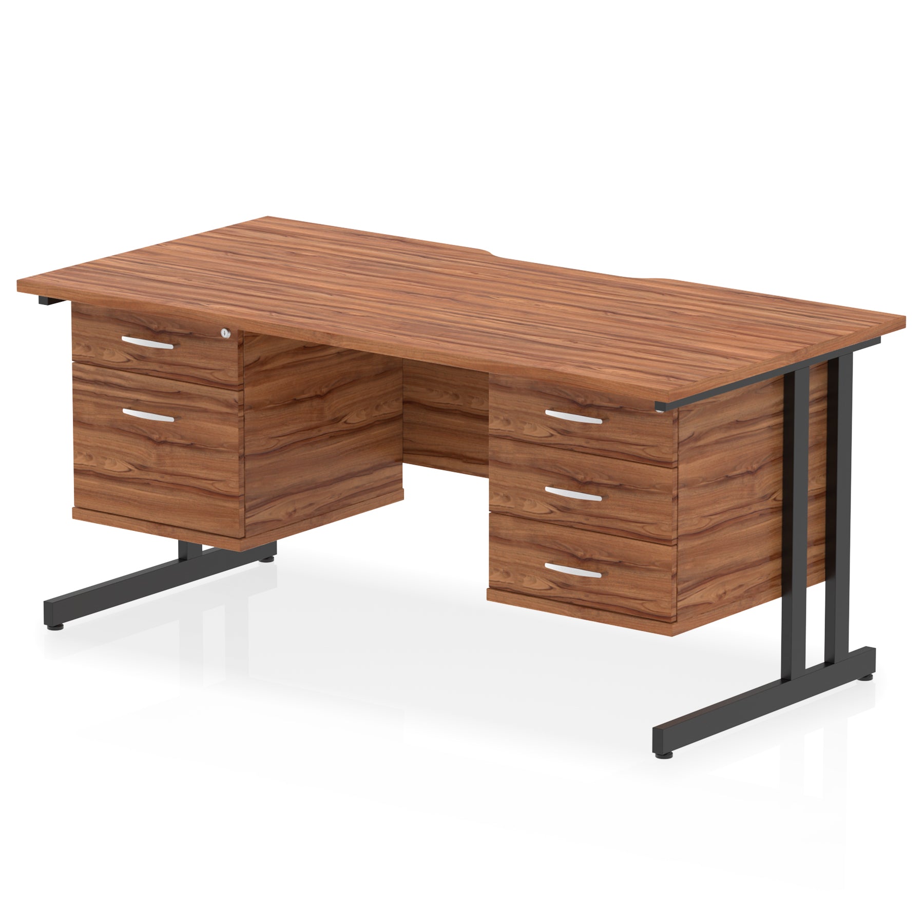 Impulse 1600mm Cantilever Desk with Scalloped Edge & 2 Fixed Pedestals – Choice of Wood or White Finishes, Leg Colours & Drawer Options – MFC, Self Assembly, 10 Year Warranty
