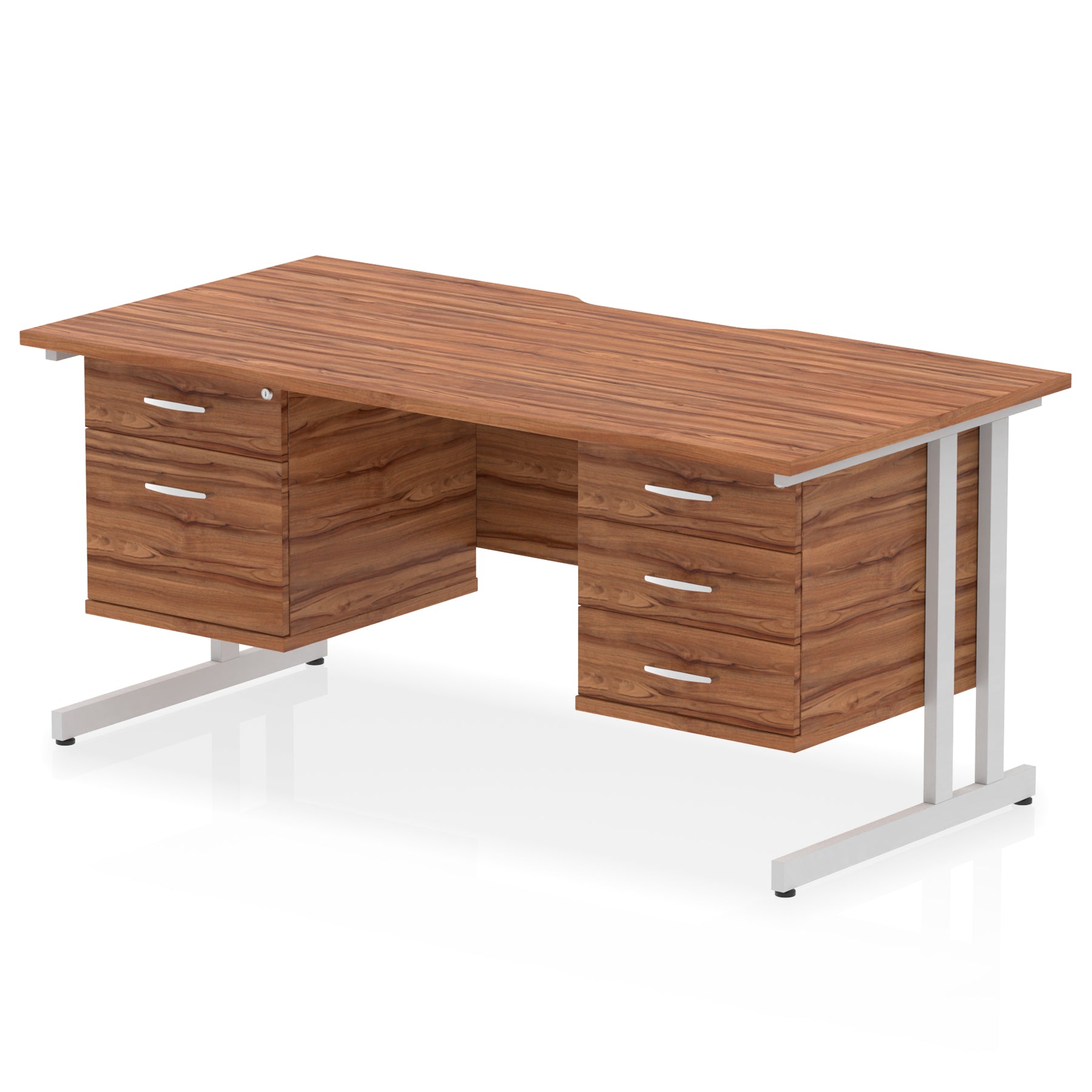 Impulse 1600mm Cantilever Desk with Scalloped Edge & 2 Fixed Pedestals – Choice of Wood or White Finishes, Leg Colours & Drawer Options – MFC, Self Assembly, 10 Year Warranty