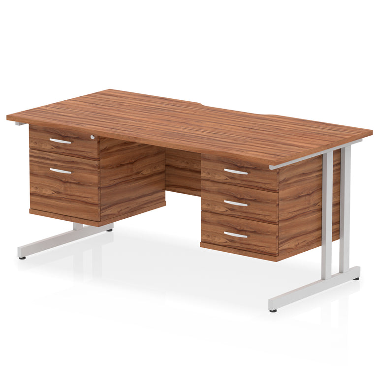 Impulse 1600mm Cantilever Desk with Scalloped Edge & 2 Fixed Pedestals – Choice of Wood or White Finishes, Leg Colours & Drawer Options – MFC, Self Assembly, 10 Year Warranty