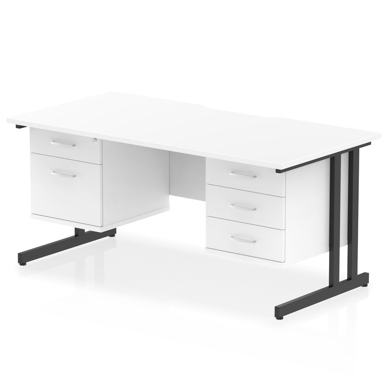 Impulse 1600mm Cantilever Desk with Scalloped Edge & 2 Fixed Pedestals – Choice of Wood or White Finishes, Leg Colours & Drawer Options – MFC, Self Assembly, 10 Year Warranty