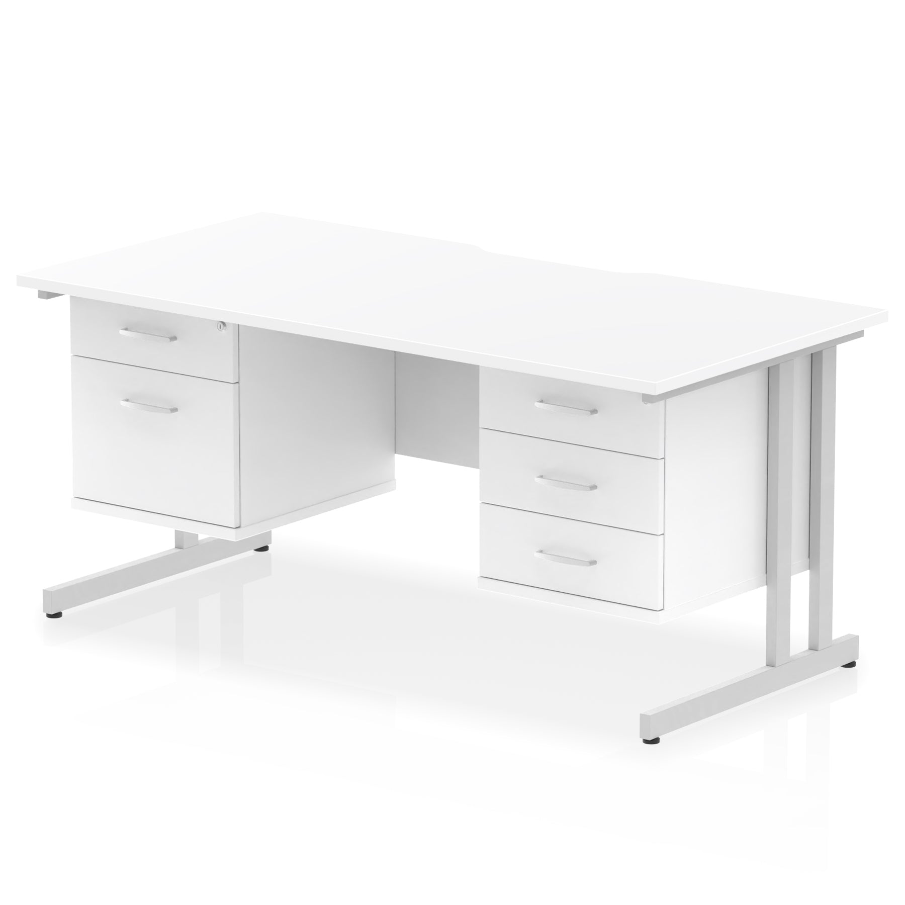 Impulse 1600mm Cantilever Desk with Scalloped Edge & 2 Fixed Pedestals – Choice of Wood or White Finishes, Leg Colours & Drawer Options – MFC, Self Assembly, 10 Year Warranty