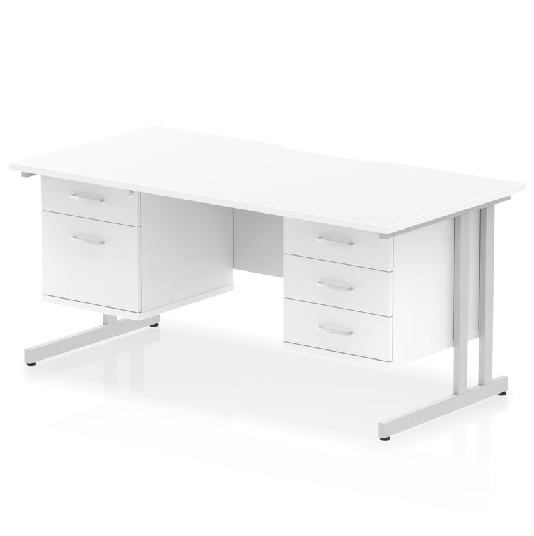 Impulse 1600mm Cantilever Desk with Scalloped Edge & 2 Fixed Pedestals – Choice of Wood or White Finishes, Leg Colours & Drawer Options – MFC, Self Assembly, 10 Year Warranty