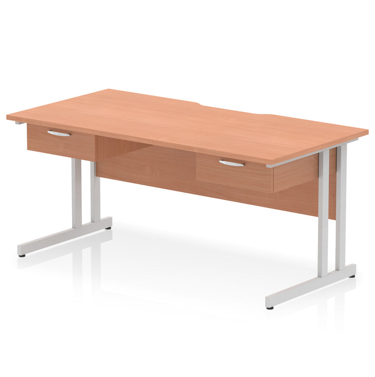 Impulse Scalloped Edge Cantilever Straight Office Desk with Two One Drawer Fixed Pedestals, 1600mm Wide, Multiple Surface & Frame Colours, MFC, 10 Year Warranty, Self-Assembly
