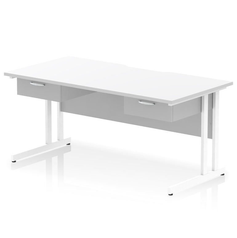 Impulse Scalloped Edge Cantilever Straight Office Desk with Two One Drawer Fixed Pedestals, 1600mm Wide, Multiple Surface & Frame Colours, MFC, 10 Year Warranty, Self-Assembly