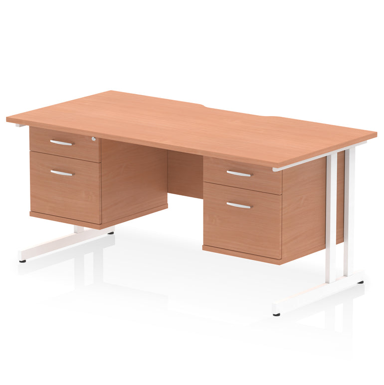 Impulse 1600mm Cantilever Desk with Scalloped Edge & 2 Fixed Pedestals – Choice of Wood or White Finishes, Leg Colours & Drawer Options – MFC, Self Assembly, 10 Year Warranty