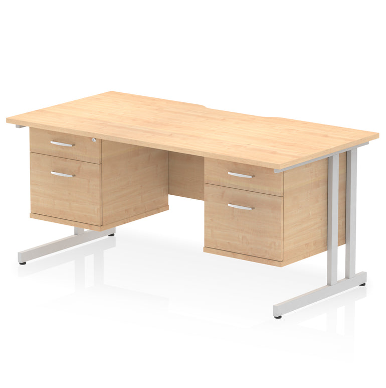Impulse 1600mm Cantilever Desk with Scalloped Edge & 2 Fixed Pedestals – Choice of Wood or White Finishes, Leg Colours & Drawer Options – MFC, Self Assembly, 10 Year Warranty