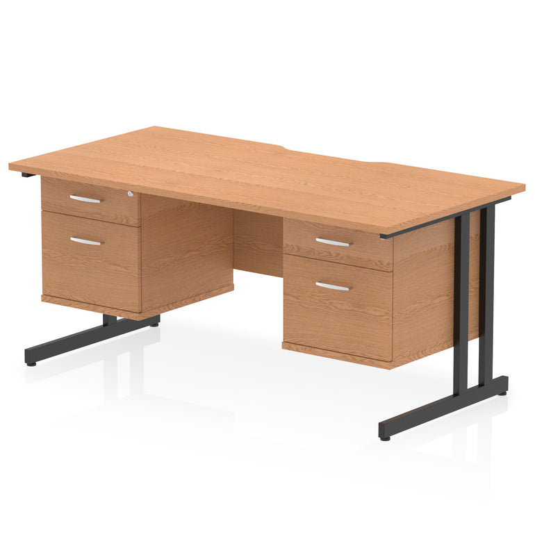 Impulse 1600mm Cantilever Desk with Scalloped Edge & 2 Fixed Pedestals – Choice of Wood or White Finishes, Leg Colours & Drawer Options – MFC, Self Assembly, 10 Year Warranty