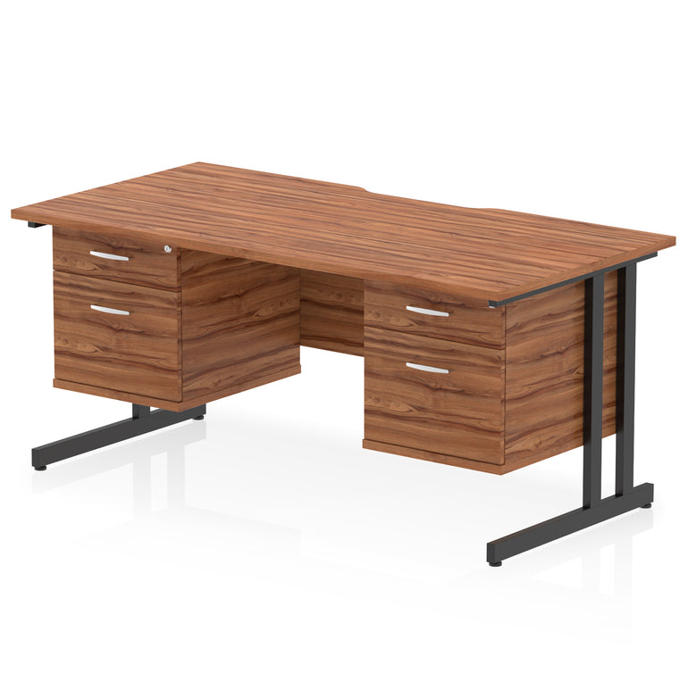 Impulse 1600mm Cantilever Desk with Scalloped Edge & 2 Fixed Pedestals – Choice of Wood or White Finishes, Leg Colours & Drawer Options – MFC, Self Assembly, 10 Year Warranty