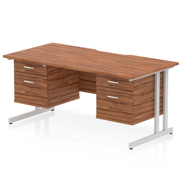 Impulse 1600mm Cantilever Desk with Scalloped Edge & 2 Fixed Pedestals – Choice of Wood or White Finishes, Leg Colours & Drawer Options – MFC, Self Assembly, 10 Year Warranty