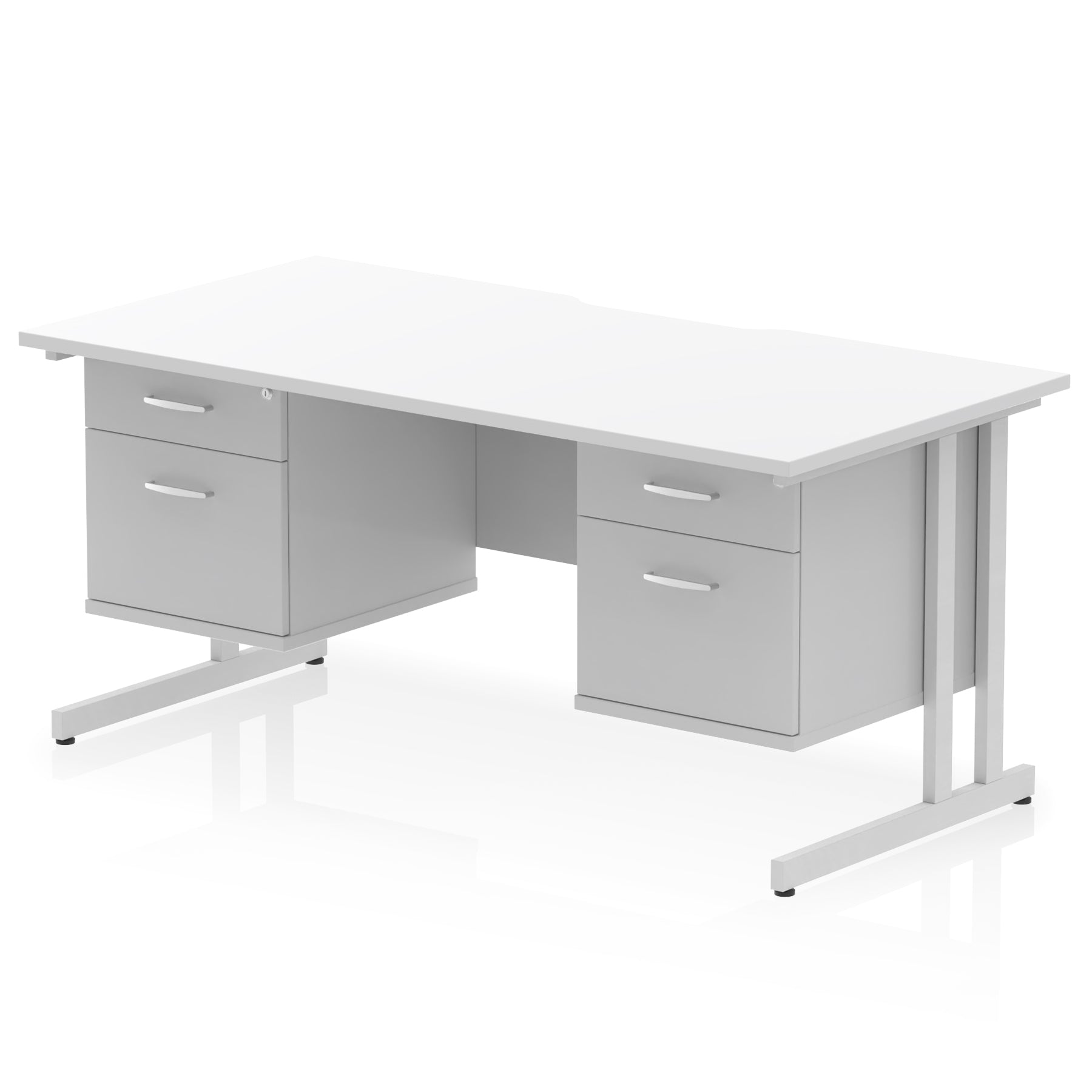 Impulse 1600mm Cantilever Desk with Scalloped Edge & 2 Fixed Pedestals – Choice of Wood or White Finishes, Leg Colours & Drawer Options – MFC, Self Assembly, 10 Year Warranty