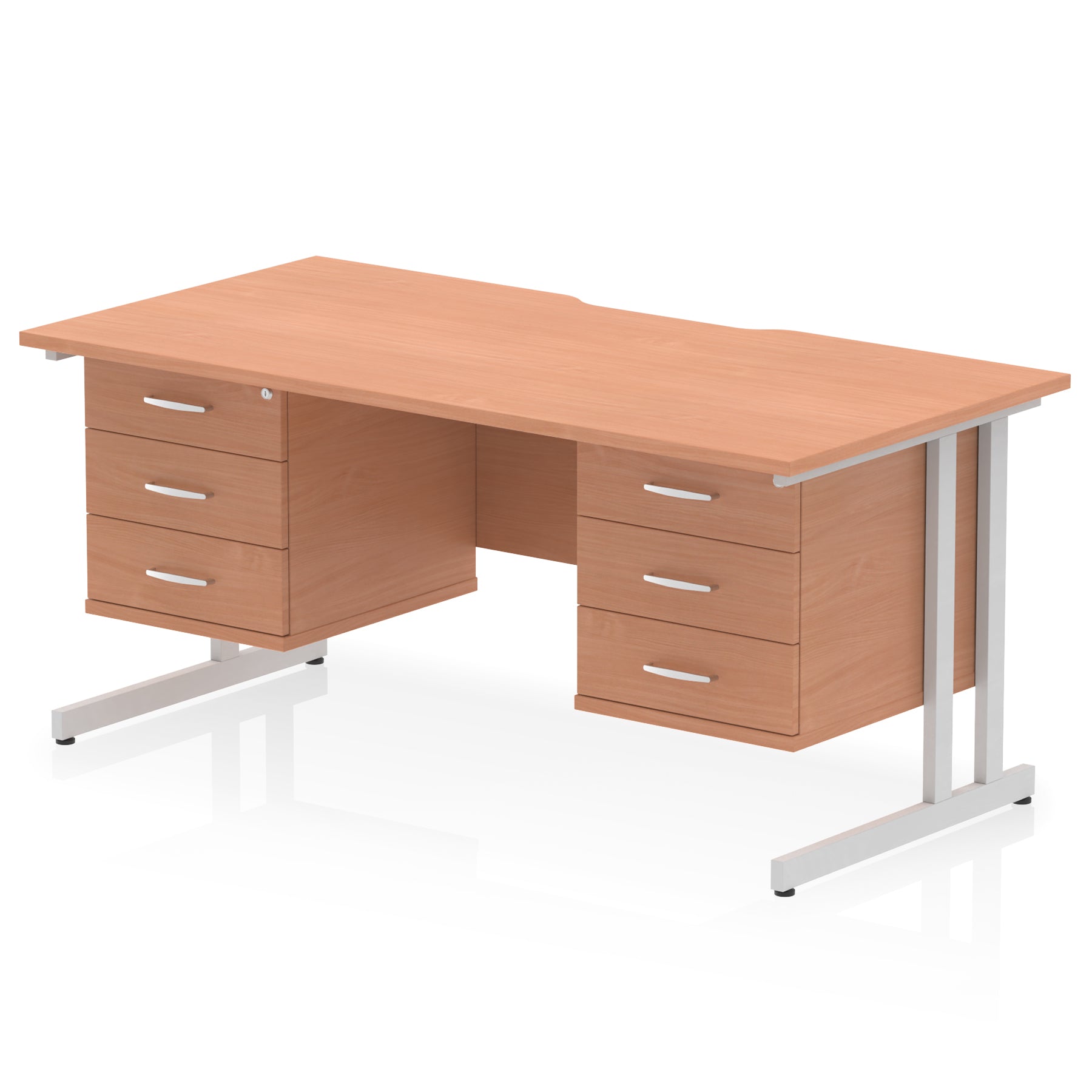 Impulse 1600mm Cantilever Desk with Scalloped Edge & 2 Fixed Pedestals – Choice of Wood or White Finishes, Leg Colours & Drawer Options – MFC, Self Assembly, 10 Year Warranty