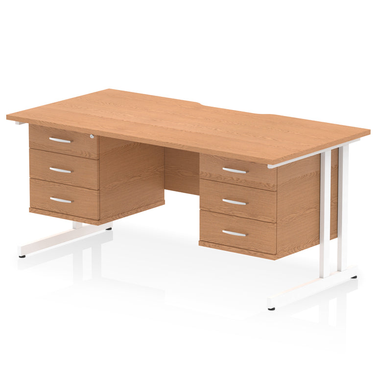 Impulse 1600mm Cantilever Desk with Scalloped Edge & 2 Fixed Pedestals – Choice of Wood or White Finishes, Leg Colours & Drawer Options – MFC, Self Assembly, 10 Year Warranty