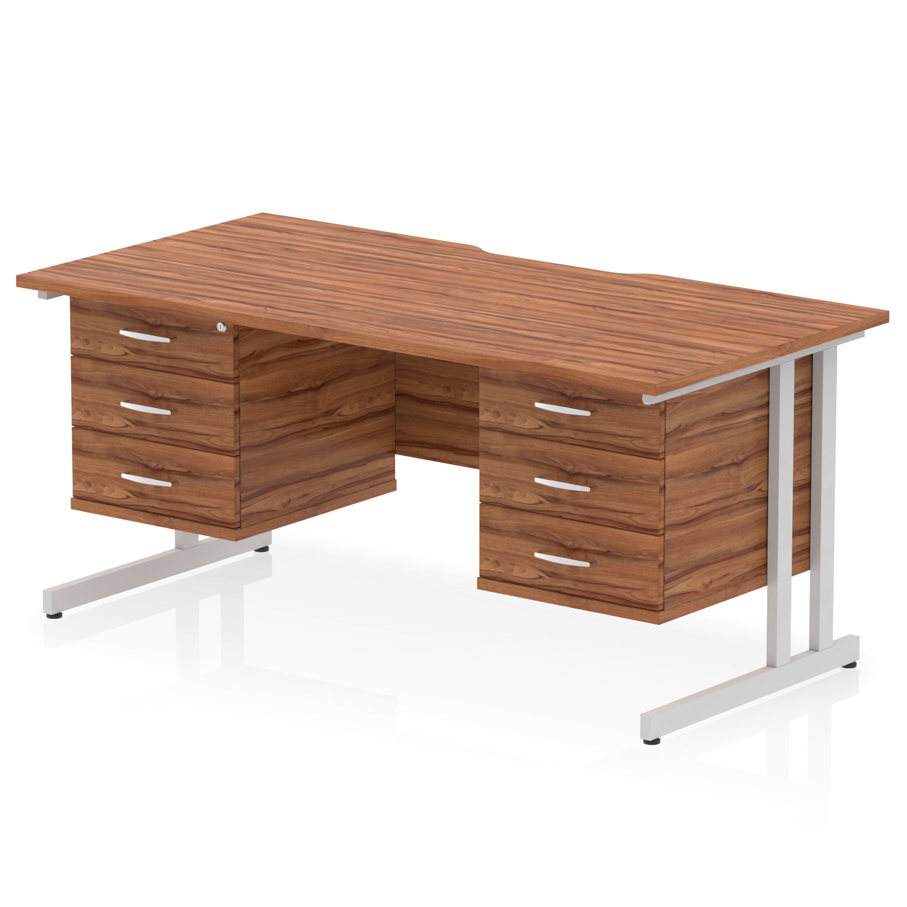 Impulse 1600mm Cantilever Desk with Scalloped Edge & 2 Fixed Pedestals – Choice of Wood or White Finishes, Leg Colours & Drawer Options – MFC, Self Assembly, 10 Year Warranty