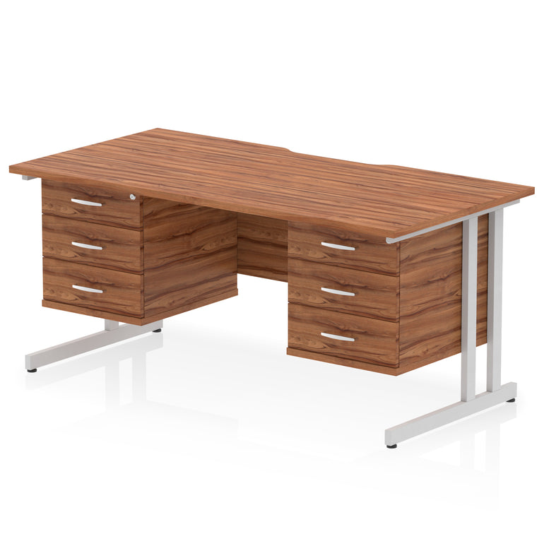 Impulse 1600mm Cantilever Desk with Scalloped Edge & 2 Fixed Pedestals – Choice of Wood or White Finishes, Leg Colours & Drawer Options – MFC, Self Assembly, 10 Year Warranty