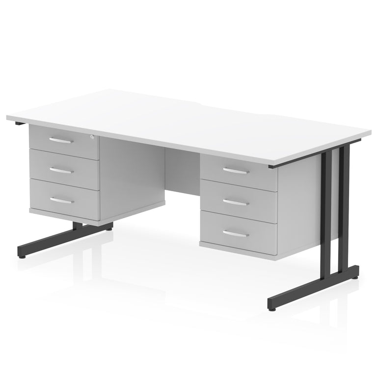 Impulse 1600mm Cantilever Desk with Scalloped Edge & 2 Fixed Pedestals – Choice of Wood or White Finishes, Leg Colours & Drawer Options – MFC, Self Assembly, 10 Year Warranty