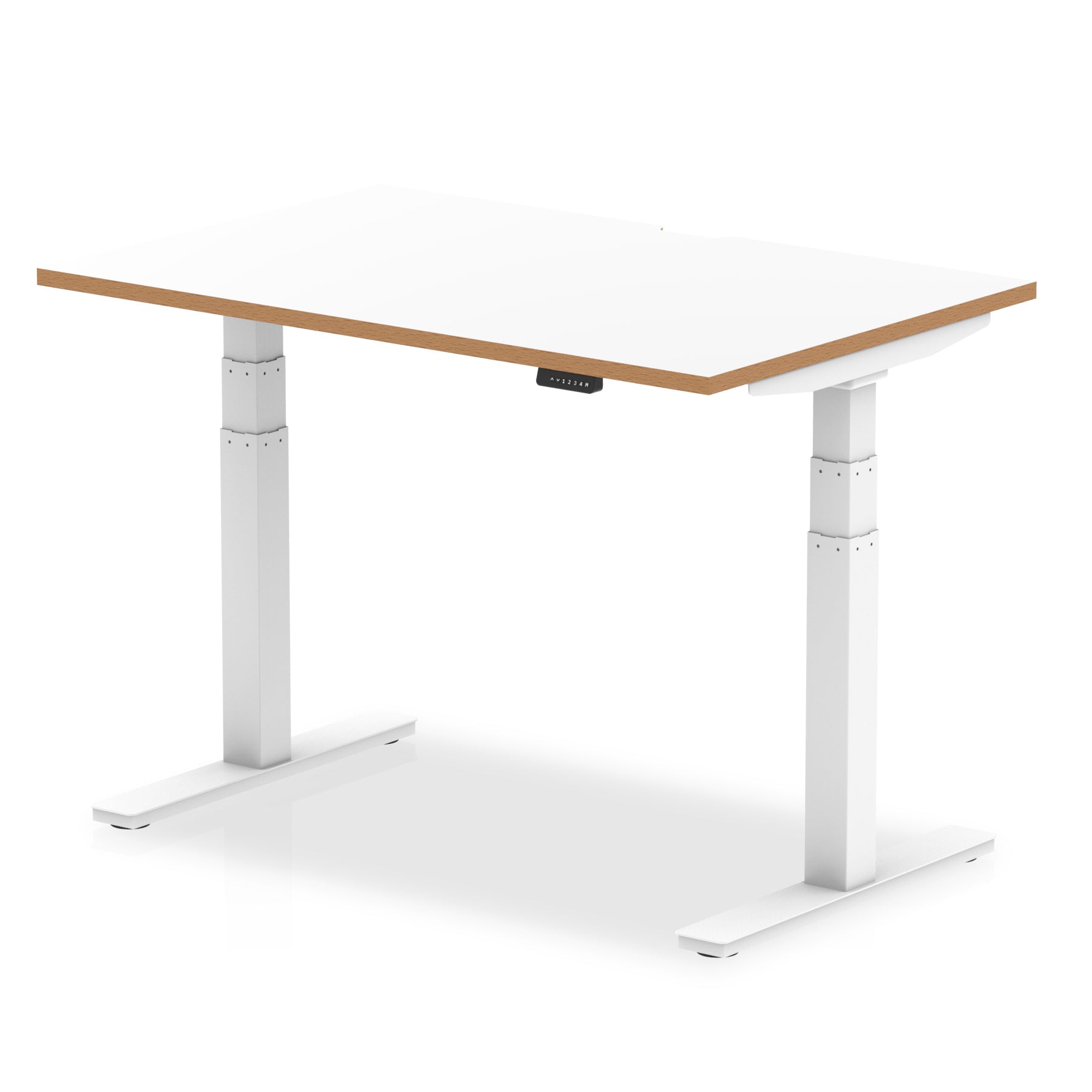 Oslo Air Height Adjustable Desk, White Top with Natural Wood Edge, White Steel Frame, 1200–1600mm Wide, Self-Assembly, 10 Year Warranty