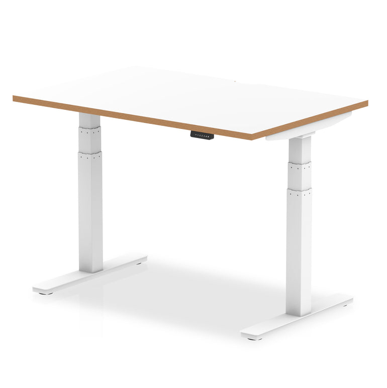 Oslo Air Height Adjustable Desk, White Top with Natural Wood Edge, White Steel Frame, 1200–1600mm Wide, Self-Assembly, 10 Year Warranty