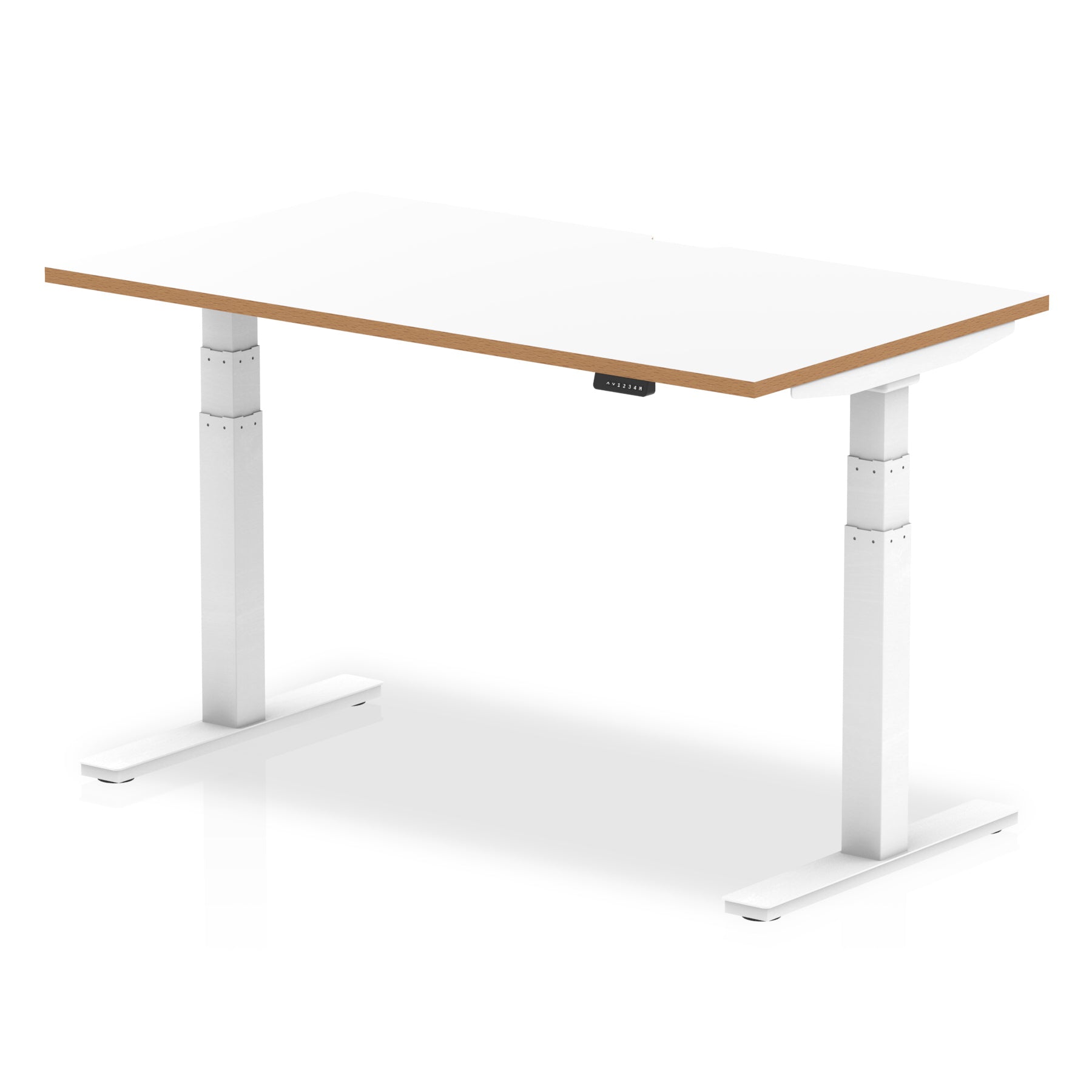 Oslo Air Height Adjustable Desk, White Top with Natural Wood Edge, White Steel Frame, 1200–1600mm Wide, Self-Assembly, 10 Year Warranty