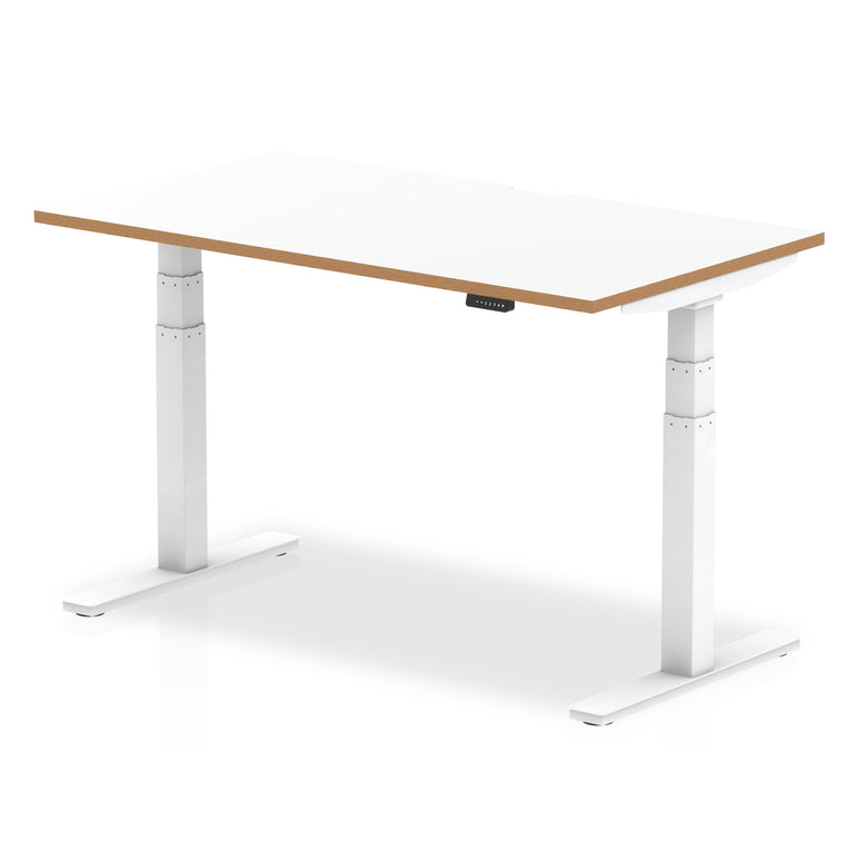 Oslo Air Height Adjustable Desk, White Top with Natural Wood Edge, White Steel Frame, 1200–1600mm Wide, Self-Assembly, 10 Year Warranty