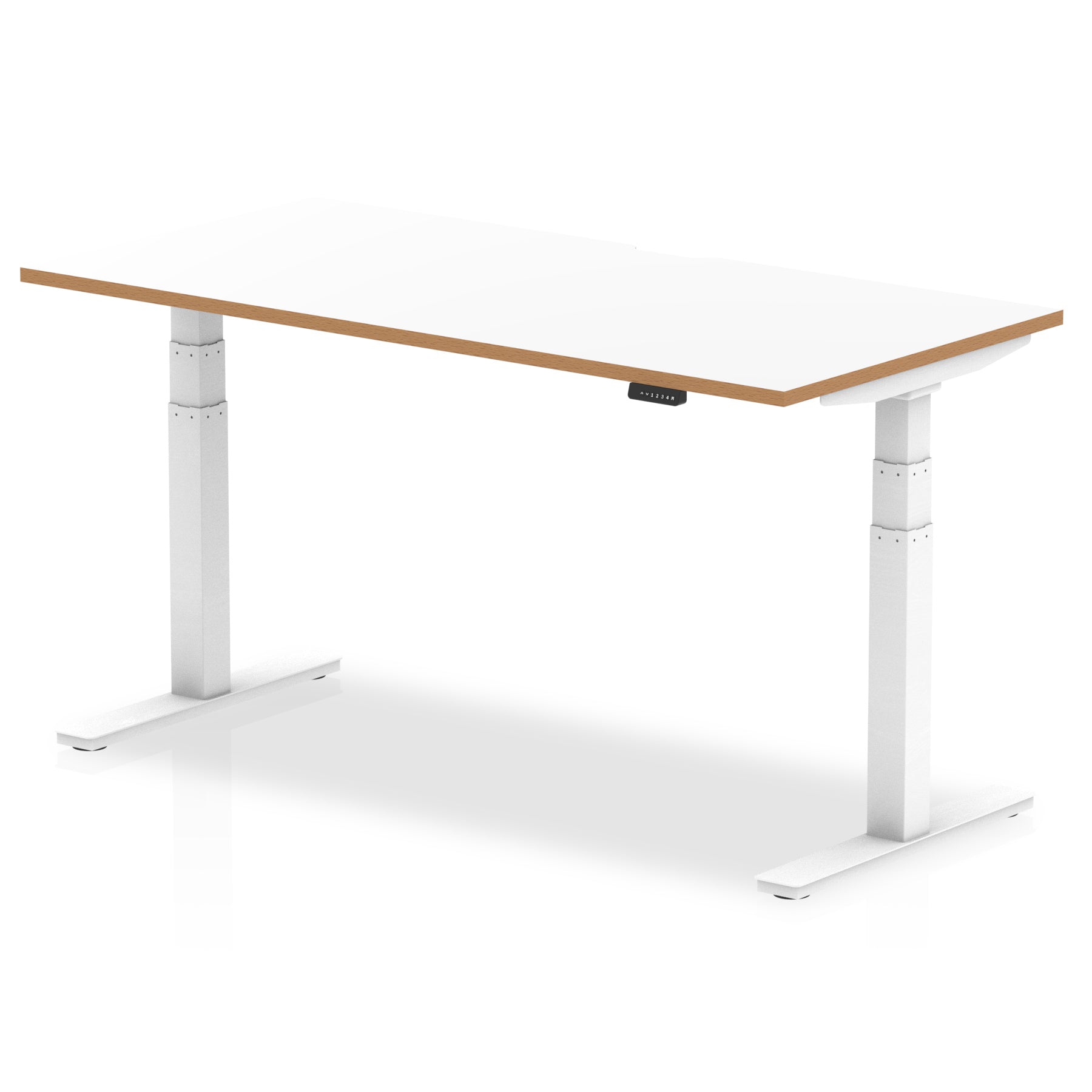 Oslo Air Height Adjustable Desk, White Top with Natural Wood Edge, White Steel Frame, 1200–1600mm Wide, Self-Assembly, 10 Year Warranty