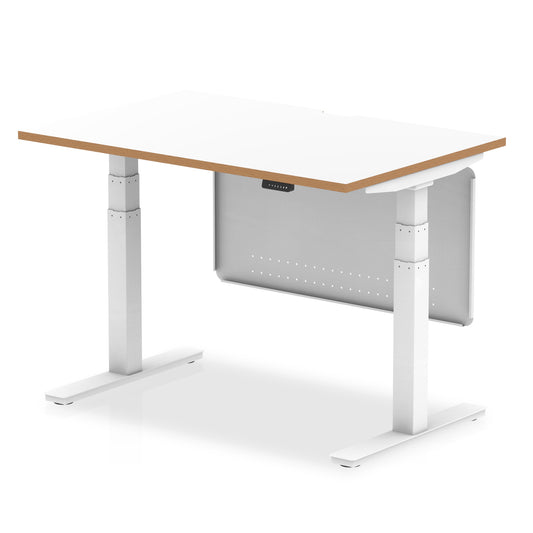 Oslo Air Height Adjustable Desk, White Top & Natural Wood Edge, White Steel Frame & Modesty Panel, 1200–1600mm, Self-Assembly, 10 Yr Warranty, MFC & Steel