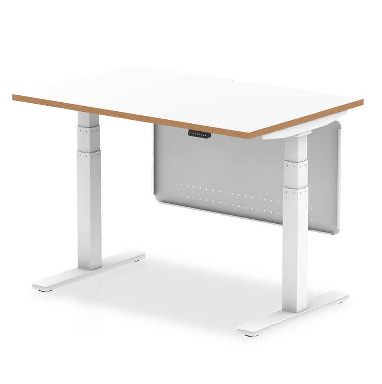 Oslo Air Height Adjustable Desk, White Top & Natural Wood Edge, White Steel Frame & Modesty Panel, 1200–1600mm, Self-Assembly, 10 Yr Warranty, MFC & Steel
