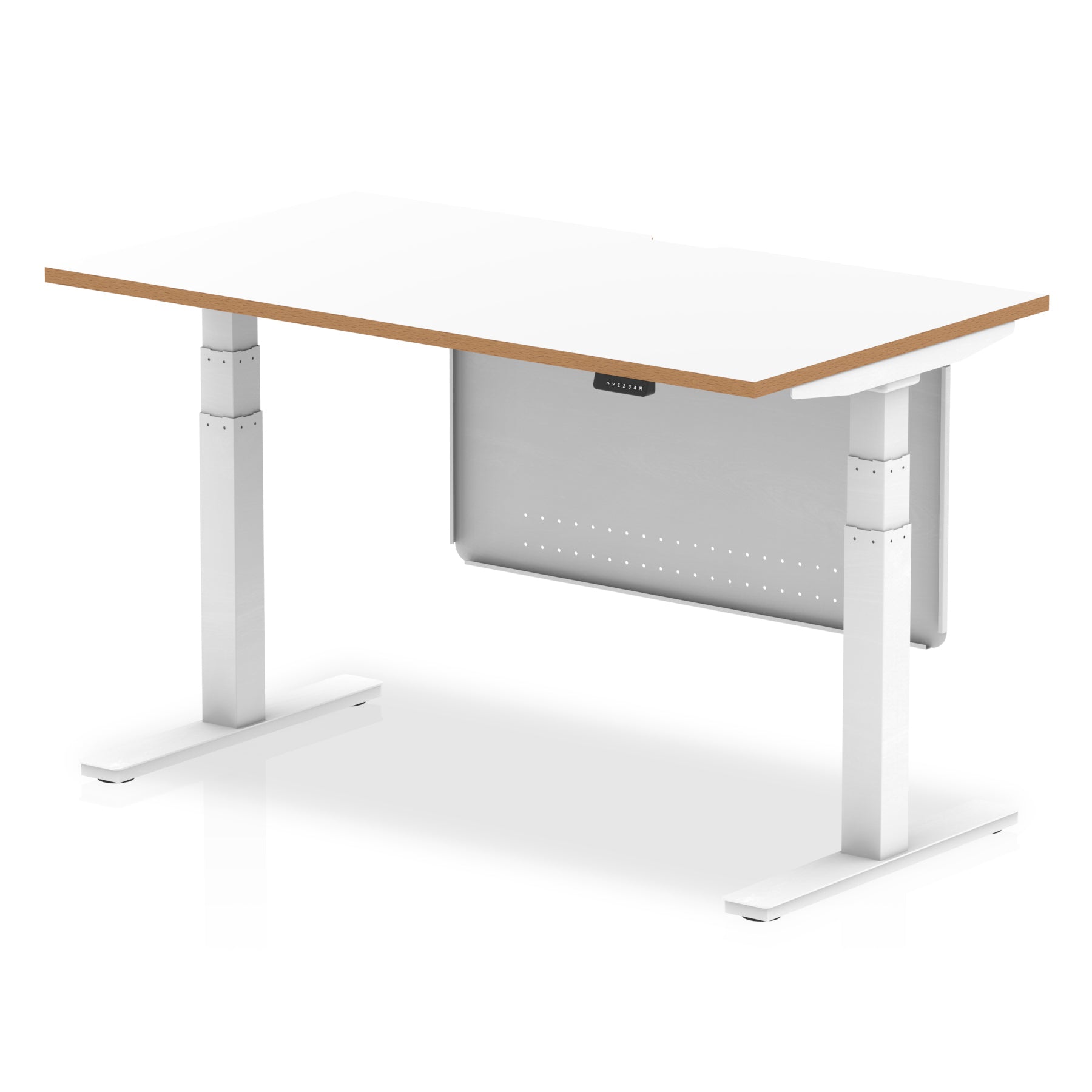Oslo Air Height Adjustable Desk, White Top & Natural Wood Edge, White Steel Frame & Modesty Panel, 1200–1600mm, Self-Assembly, 10 Yr Warranty, MFC & Steel