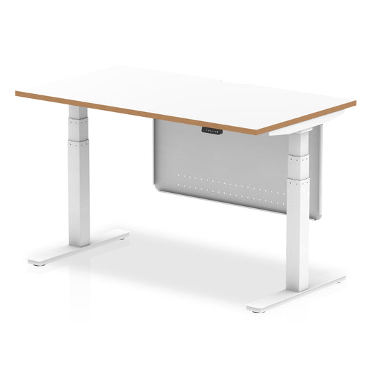 Oslo Air Height Adjustable Desk, White Top & Natural Wood Edge, White Steel Frame & Modesty Panel, 1200–1600mm, Self-Assembly, 10 Yr Warranty, MFC & Steel