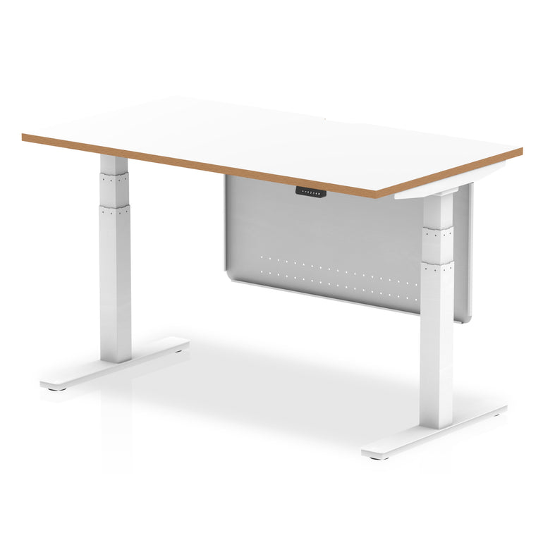 Oslo Air Height Adjustable Desk, White Top & Natural Wood Edge, White Steel Frame & Modesty Panel, 1200–1600mm, Self-Assembly, 10 Yr Warranty, MFC & Steel