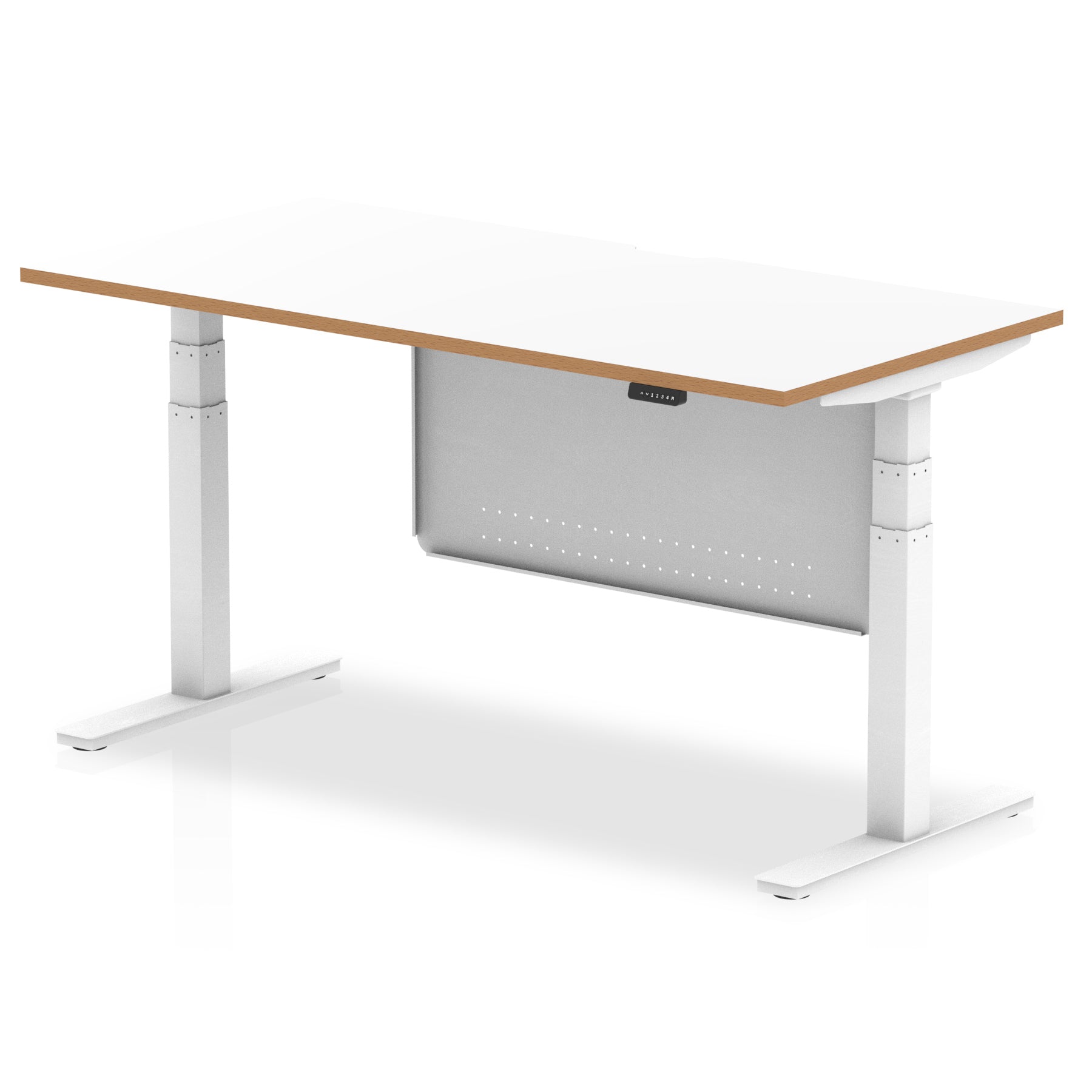 Oslo Air Height Adjustable Desk, White Top & Natural Wood Edge, White Steel Frame & Modesty Panel, 1200–1600mm, Self-Assembly, 10 Yr Warranty, MFC & Steel