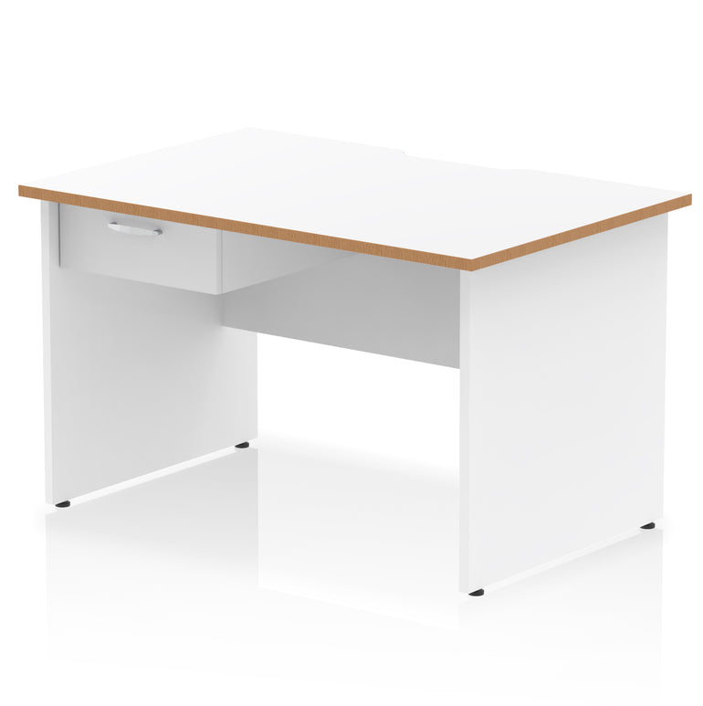 Impulse Scalloped Edge Panel End Straight Office Desk with Single Fixed Drawer Pedestal, 1200–1600mm Width, Choice of Finishes, MFC, Self-Assembly, 10 Year Warranty