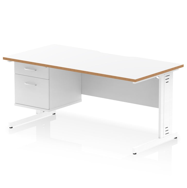 Impulse 1600mm Cable Managed Scalloped Edge Office Desk with Single Fixed Pedestal, 2 or 3 Drawers, Multiple Top & Leg Colours, Durable MFC, 10 Year Warranty